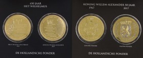 Netherlands - Twee houten cassettes met elk twee 'Hollandsche Ponders' ´Willem/Alexander 50 jaar´ en ´450 Jaar Het Wilhelmus´, plus cassette met penni...