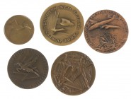 Netherlands - Vijf penningen luchtvaart: Pelikaan 1933, KLM 1949 en 1969, Verre Oosten-vluchten 1974 en Schiphol 1967