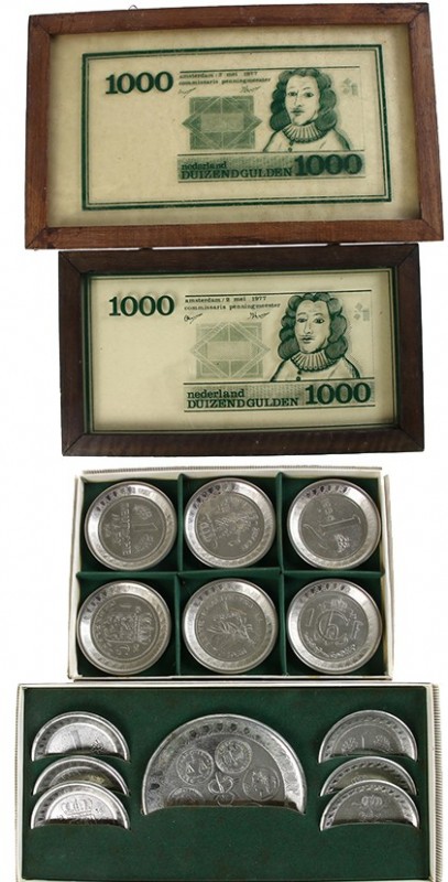 Curiosa - Doos met 3 sets numismatiesch onderzetters in doosjes, spaarpotten, nu...