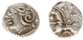 Celts - Gaul - Central Gaul / Aedui, Kaletedou - AR Quinarius (80-50 BC, 1.96 g) - Helmeted head of Roma left, rosette at neck, annulets along / KA Ho...
