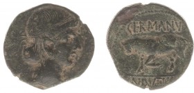 Celts - Gaul - AE18 (uncertain mint, Treveri?, c. 10 BC, 3.16 g) - Augustus (27 BC-AD 14) / Germanus Indutilli L(ibertus), magistrate - Diademed male ...