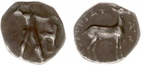 Italy - Bruttium - Kaulonia - AR Nomos (475-425 BC, 7.74 g) - Apollo naked, walking to right, before him a small stag standing to right, looking back ...