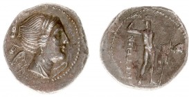Italy - Bruttium - The Brettii - AR Drachm (c. 216-214 BC, 4.22 g) - Second Punic War issue - Diademed and draped bust of Nike right / River god stand...