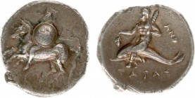 Italy - Calabria - Tarentum - AR Nomos (c. 280-272 BC, 6.16 g) - Warrior riding left, holding shield and two spears / Taras astride dolphin left, hold...