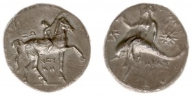 Italy - Calabria - Tarentum - AR Nomos (c. 280-272 BC, 6.45 g) - Nude youth on horseback right, crowning horse with wreath, ZΩ behind and NEY MH in tw...