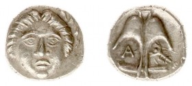 Northern Greece - Thrace - Apollonia Pontika - AR Obol (after 400 BC, 1.02 g) - Gorgoneion / Anchor, A and cray-fish to left and right (cf. SNG BM Bla...