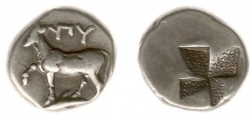 Northern Greece - Thrace - Byzantion - AR Tetrobol (1/2 Siglos) (ca. 320 BC, 2.45 g) - Cow standing left on dolphin / Quadripartite stippled incuse pu...