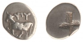 Northern Greece - Thrace - Byzantion - AR Tetrobol (1/2 Siglos) (ca. 320 BC, 2.45 g) - Cow standing left on dolphin / Quadripartite stippled incuse pu...