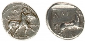 Illyria and Central Greece - Thessaly - Larissa - AR Drachm (c. 460-420 BC, 5.75 g) - Thessalos, wrestling bull right / Horse running right, trailing ...