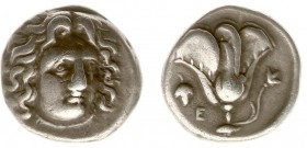 Greece - Islands off Caria - Rhodos - AR Didrachm (c. 340-316 BC, 6.64 g) - Head of Helios facing, turned slightly to right / Rose with bud to right, ...