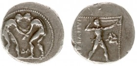 Asia Minor - Pamphylia - Aspendos - AR Stater (c. 375-325 BC, 10.69 g) - Two wrestlers grappling, ΔA in between / Slinger in throwing stance right, tr...