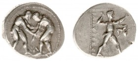 Asia Minor - Pamphylia - Aspendos - AR Stater (c. 375-325 BC, 10.70 g) - Two wrestlers grappling, BΛ in between / Slinger in throwing stance right, tr...