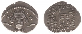 Parthian Kingdom - Vonones II (AD 51) - AR Drachm (3.56 g.) - Helmeted beardless bust facing, wearing helmet with horn on each side and ear flaps, roy...