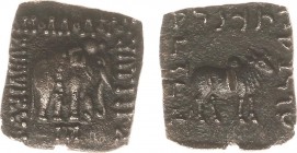 The Indo-Greek Kingdom - Apollodotos I (ca. 174-165 BC) - Quadrangular bilingual AR drachm (2.16 g.) Elephant standing r. monogram in exergue / Bull s...