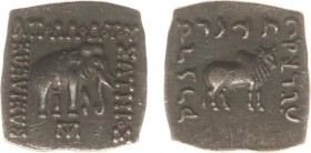 The Indo-Greek Kingdom - Apollodotos I (ca. 174-165 BC) - Quadrangular bilingual AR drachm (2.29 g.) Elephant standing r. monogram in exergue / Bull s...