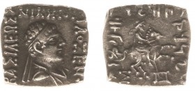 The Indo-Greek Kingdom - Philoxenos (ca. 110-80 BC) - Quadrangular bilingual AR drachm (2.34 g.), diademed bust to r. / Helmeted and armoured king cha...