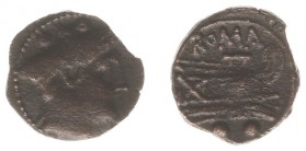 Anonymous - AE Sextans (uncertain mint, after 211 BC, 1.82 g) - Head of Mercurius right wearing winged petasus, two pellets above / Prow of galley rig...