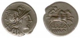 L. Saufeius - AR Denarius (Rome 152 BC, 3.74 g) - Helmeted head of Roma right, X behind / Victoria driving galloping biga right, SAVF below horses and...