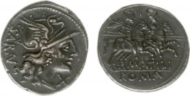 M. Atilius Saranus (Rome 148 BC, 3.60 g) - Helmeted head of Roma right, mark of value X below chin / M ATILI Dioscuri on horseback riding right, ROMA ...