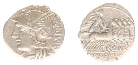 AR Denarius M. Baebius Q.f. Tampilus, 137 BC 3,86 g. Helmeted head of Roma l.; below chin, X, behind, TAMPIL / Apollo in prancing quadriga r., holding...
