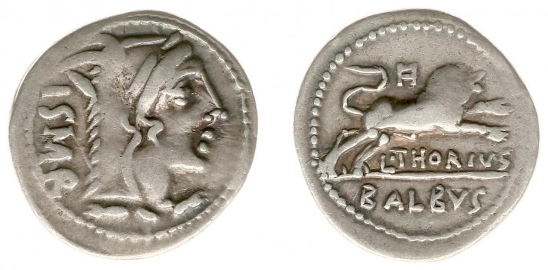 L. Thorius Balbus - AR Denarius (Rome 105 BC, 3.87 g) - Head of Juno Sospita rig...