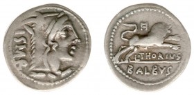 L. Thorius Balbus - AR Denarius (Rome 105 BC, 3.87 g) - Head of Juno Sospita right wearing goat-skin headdress / Bull charging right, A above (Crawfor...