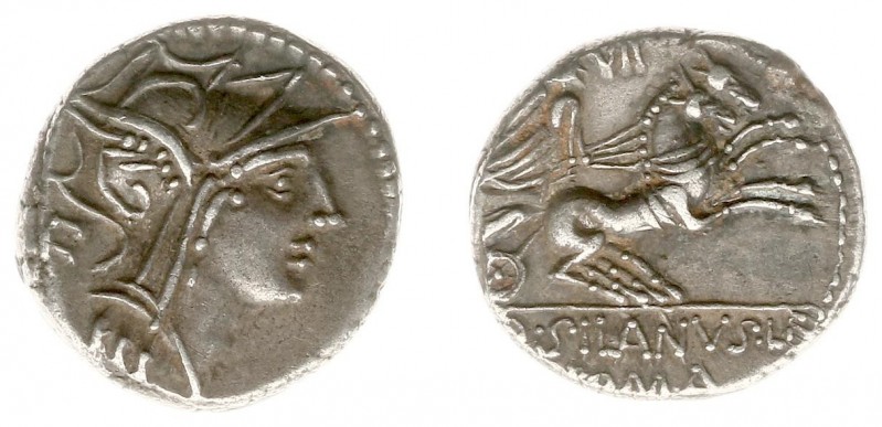 D. Iunius Silanus L. f. - AR Denarius (Rome 91 BC, 3.83 g) - Helmeted bust of Ro...