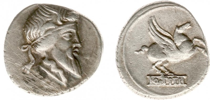Q. Titius - AR Denarius (Rome 90 BC, 3.86 g) - Bearded head of Mutinus Titinus r...