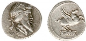 Q. Titius - AR Denarius (Rome 90 BC, 3.86 g) - Bearded head of Mutinus Titinus right, wearing winged diadem, lock of hair behind neck / Pegasus to rig...