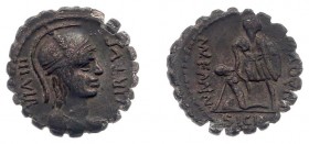 Mn. Aquillius Mn. f. Mn. n. - AR Denarius (Rome 71 BC, serratus, 3.54 g) - Helmeted bust of Virtus right, VIRTVS III VIR around / The consul Manius Aq...