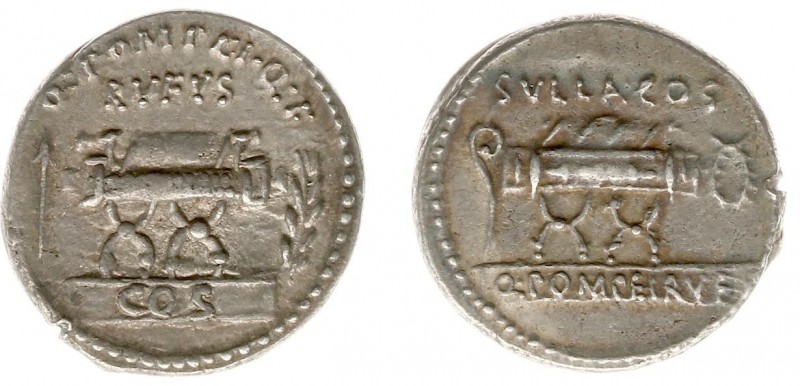 Q. Pompeius Rufus - AR Denarius (Rome 54 BC, 3.72 g) - Curule chair, on left arr...