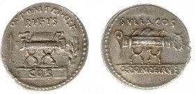 Q. Pompeius Rufus - AR Denarius (Rome 54 BC, 3.72 g) - Curule chair, on left arrow and on right laurel branch, Q POMPEI Q F - RVFVS (below, COS on tab...