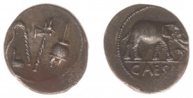AR Denarius (mint moving with Caesar 49-48 BC, 3.71 g) - Pontifical emblems (culullus, aspergillum, axe and apex) / Elephant advancing right, tramplin...
