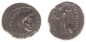 AR Denarius (Rome February-March 44 BC, lifetime, 3.53 g) - P. Sepullius Macer, moneyer - Wreathed and veiled head right, CAESAR downward to right, DI...
