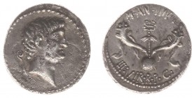 Marcus Antonius - AR Denarius (mint moving with Marcus Antonius in 40 BC (Greece, Korkyra (?), 3.74 g) - Bare head right, lituus behind, all in dotted...