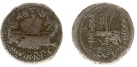 Marcus Antonius - AR Denarius (Legionary issue, Patrae(?) mint, autumn 32 spring 31 BC, 3.05 g) - Praetorian galley right / Aquila between two signa, ...