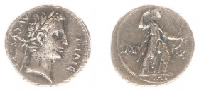 Augustus (27 BC - 14 AD) - AR Denarius (Lugdunum 11-10 BC 3,61 g 18 mm) AVGVSTVS – DIVI •F, laur. head r. / IMP XII, Diana advancing r., holding bow a...