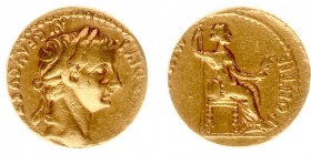 Tiberius (14-37) - AV Aureus ('Tribute Penny', Lugdunum AD 18-35, 6.97 g) - TI CAESAR DIVI AVG F AVGVSTVS Laureate head right / PONTIF MAXIM Livia sea...