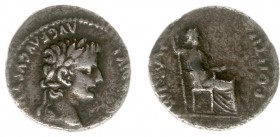 Tiberius (14-37) - AR Denarius ('Tribute Penny', Lugdunum, 3.00 g) - TI CAESAR DIVI AVG F AVGVSTVS Laureate head right / PONTIF MAXIM Livia (as Pax) s...