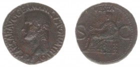 Caligula (37-41) - AE As - (Rome AD 37-8, 28 mm, 10,55 g). C CAESAR AVG GERMANICVS PON M TR POT, Bare head l.; Rv. VESTA, Vesta seated l. on ornamenta...