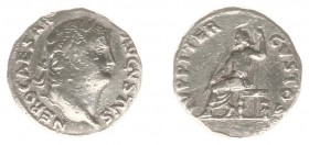 Nero (54-68) - AR Denarius (Rome 2,46 g 18 mm,struck circa 64-65 AD). NERO CAESAR AVGVSTVS, laureate head right / IVPPITER CVSTOS, Jupiter seated left...