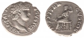 Nero (54-68) - AR Denarius (Rome c. AD 64-65, 3.00 g) - NERO CAESAR AVGVSTVS Laureate head right / IVPPITER CVSTOS Jupiter enthroned left, thunderbolt...