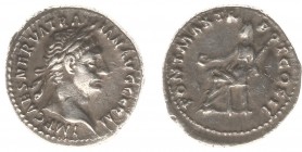 Traianus (98-117) - AR Denarius (Rome c. AD 98-99, 3.23 g) - Laureate head right / PONT MAX TR POT COS II Vesta seated left, holding patera and torch ...