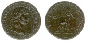 Traianus (98-117) - AE Sestertius (Rome AD 100, 24.80 g) - Laureate head right, aegis on left shoulder / TR POT COS III P P Pax enthroned left, feet o...