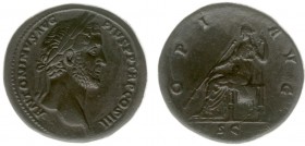Antoninus Pius (138-161) - AE Sestertius (Rome c. AD 141-143, 28.23 g) - ANTONINVS AVG PI-VS P P TR P COS III aureate head right / OPI AVG Ops, draped...