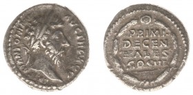 Marcus Aurelius (161-180) - AR Denarius (Rome AD 171, 3.02 g) - Laureate head right / PRIMI DECEN NALES COS III in four lines, within wreath (RIC 245 ...