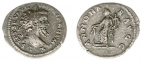 Septimius Severus (193-211) - AR Denarius (Rome AD 198, 2.98 g) - Laureate head right / ANNONAE AVGG Annona standing left, foot on prow, holding grain...