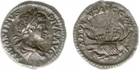 Caracalla (196-217) - AR Denarius (Rome AD 201-202, 3.12 g) - ANTONINVS PIVS AVG Laureate and draped bust right / ADVENT AVGG Galley to left, with thr...