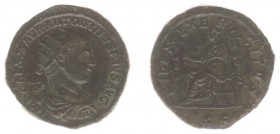 Elagabalus (218-222) - AE Dupondius (Rome, 9.98 g) - IMP CAES M AVR ANTONINVS PIVS AVG Radiate, draped and cuirassed bust right / FIDES EXERCITVS Fide...