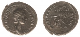 Orbiana (wife of Sev. Alexander) - AR Denarius (Rome AD 225, 2.05 g) - Draped bust right, wearing stephane / Concordia seated left, holding patera and...